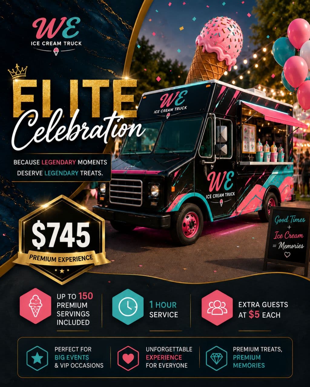 Reserve our Elite Celebration for your event in MA Elite Celebration - Premium ice cream truck catering package in Massachusetts